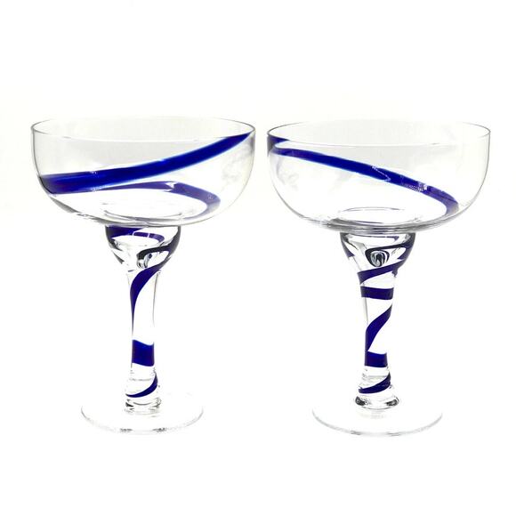 Vintage Pier 1 Blue Swirl Margarita Glasses Set of 2- Size 7" Tall x 5" Diameter - Picture 1 of 12